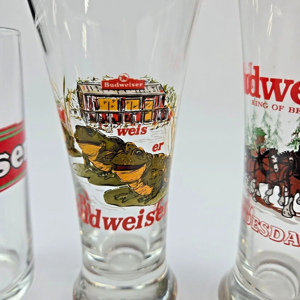 1989, 1996 Vintage Budweiser Holiday Clydesdales‎ & Frog Pilsner Beer Glasses
